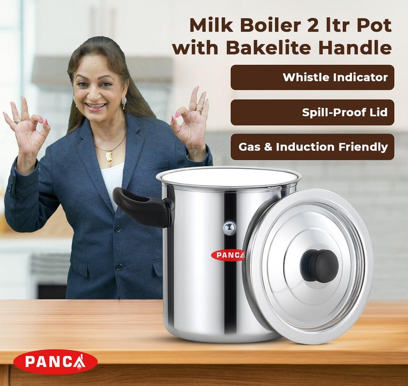 PANCA Stainless Steel Milk Boiler | Spill-Proof Milk Boiler Pot with Bakelite Handle, Whistle Indicator & Lid | Gas & Induction Friendly Double Boiler (2 Litre) - Image 2