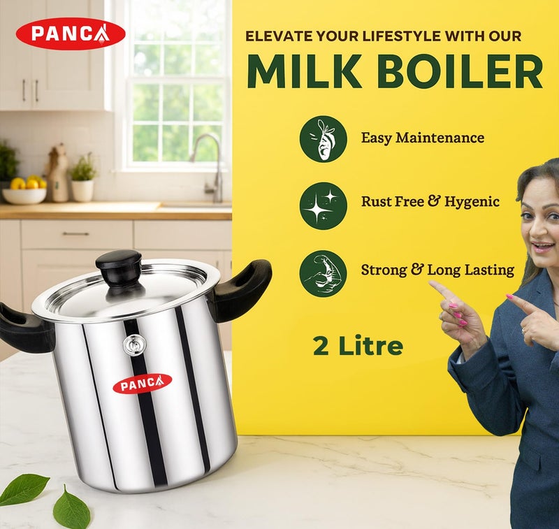 PANCA Stainless Steel Milk Boiler | Spill-Proof Milk Boiler Pot with Bakelite Handle, Whistle Indicator & Lid | Gas & Induction Friendly Double Boiler (2 Litre) - Image 3
