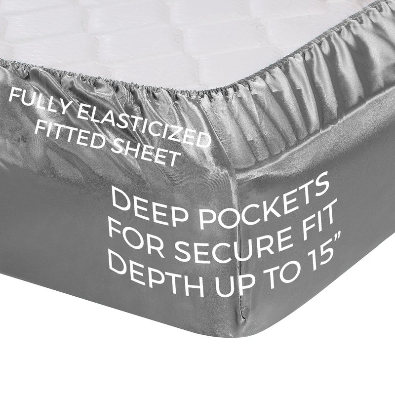 Pure Bedding Satin Sheets King [4-Piece, Grey] Hotel Luxury Silky Bed Sheets - Extra Soft 1800 Microfiber Sheet Set, Wrinkle, Fade, Stain Resistant - Deep Pocket Fitted Sheet, Flat Sheet, Pillow Cases - Image 4