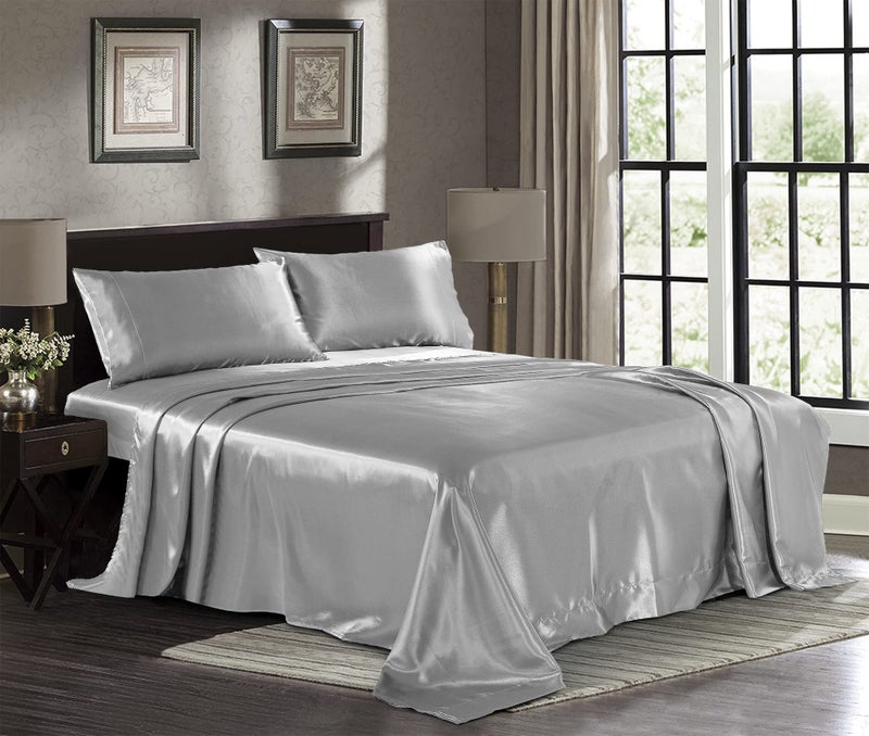 Pure Bedding Satin Sheets King [4-Piece, Grey] Hotel Luxury Silky Bed Sheets - Extra Soft 1800 Microfiber Sheet Set, Wrinkle, Fade, Stain Resistant - Deep Pocket Fitted Sheet, Flat Sheet, Pillow Cases - Image 1