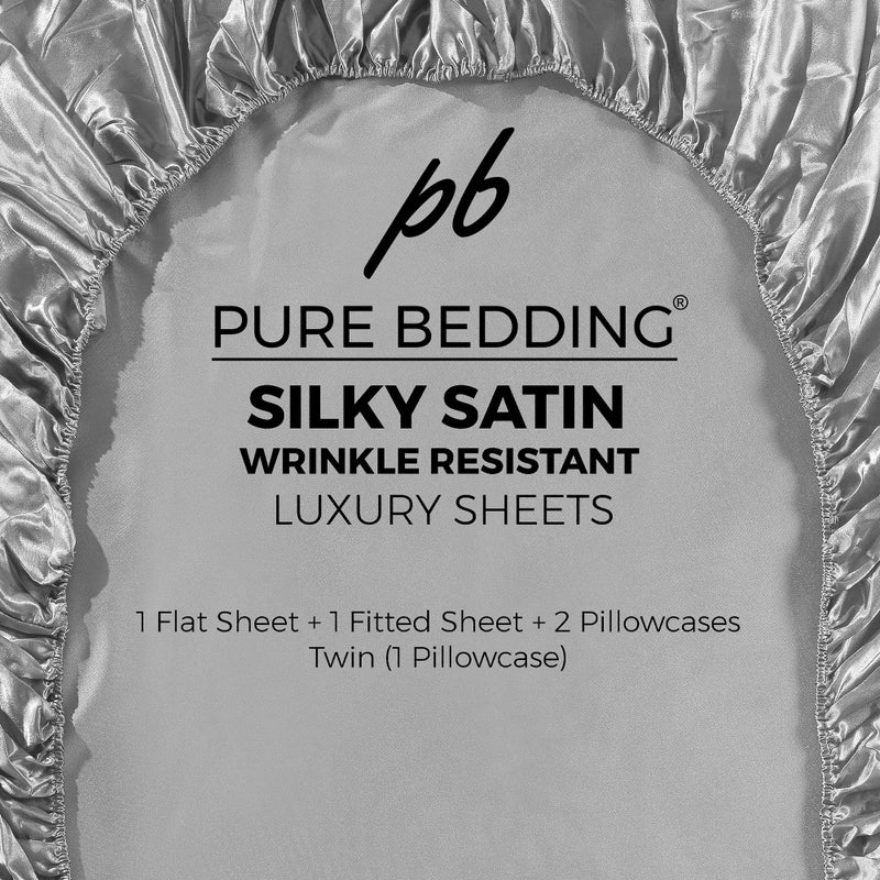 Pure Bedding Satin Sheets King [4-Piece, Grey] Hotel Luxury Silky Bed Sheets - Extra Soft 1800 Microfiber Sheet Set, Wrinkle, Fade, Stain Resistant - Deep Pocket Fitted Sheet, Flat Sheet, Pillow Cases - Image 5