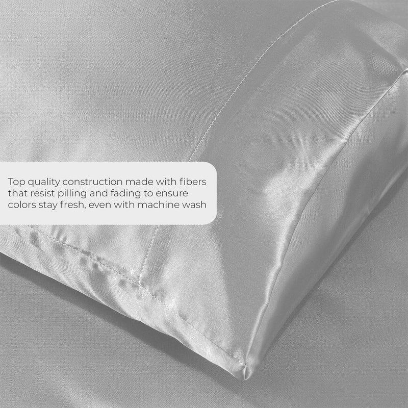 Pure Bedding Satin Sheets King [4-Piece, Grey] Hotel Luxury Silky Bed Sheets - Extra Soft 1800 Microfiber Sheet Set, Wrinkle, Fade, Stain Resistant - Deep Pocket Fitted Sheet, Flat Sheet, Pillow Cases - Image 3