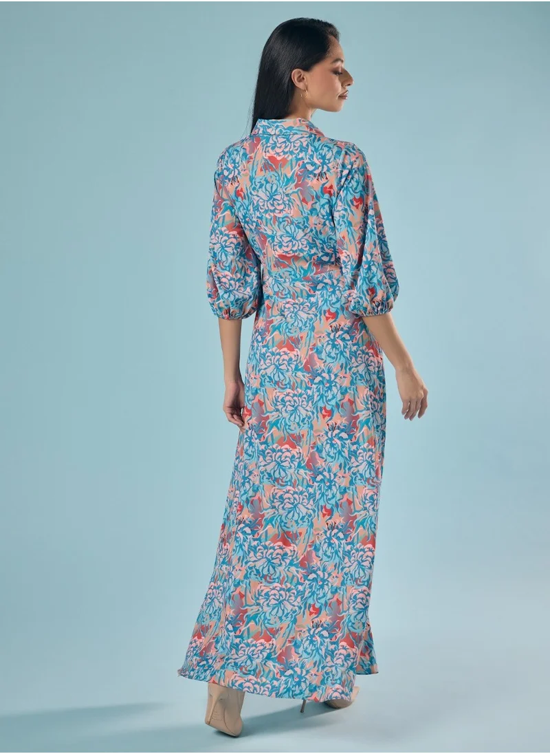 Zigzag Half Sleeve Printed Chiffon Maxi Shirt Dress
