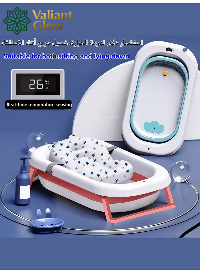 توهج شجاع حوض استحمام للأطفال قابل للطي مع وسادة ناعمة وميزان حرارة | حوض استحمام للأطفال حديثي الولادة مزود بفتحة تصريف وقابل للتثبيت على الحائط | أرجل دعم غير قابلة للانزلاق | أحواض استحمام كبيرة محمولة وآمنة للسفر للأطفال حديثي الولادة. - Image 3