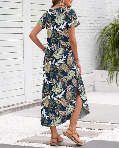 MISFAY Women's Summer Casual Maxi Dress 2026 Short Sleeves V Neck Loose Sundress Split Long Beach T Shirt Dress Vacation Outfits(Tropical Leaf,L) - Image 3