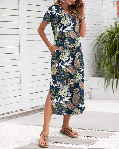 MISFAY Women's Summer Casual Maxi Dress 2026 Short Sleeves V Neck Loose Sundress Split Long Beach T Shirt Dress Vacation Outfits(Tropical Leaf,L) - Image 2