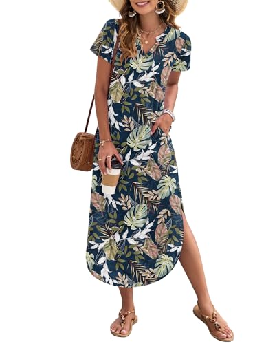 MISFAY Women's Summer Casual Maxi Dress 2026 Short Sleeves V Neck Loose Sundress Split Long Beach T Shirt Dress Vacation Outfits(Tropical Leaf,L) - Image 1