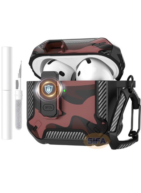 Airpods 4 Case, Airpods 4th Generation Case with Lock, Airpods 4 Generation Case Cover with Cleaner Kit, Hard Shell Rugged Shockproof Cover with Keychain Apple Airpods 4 2024 (Camo Red)