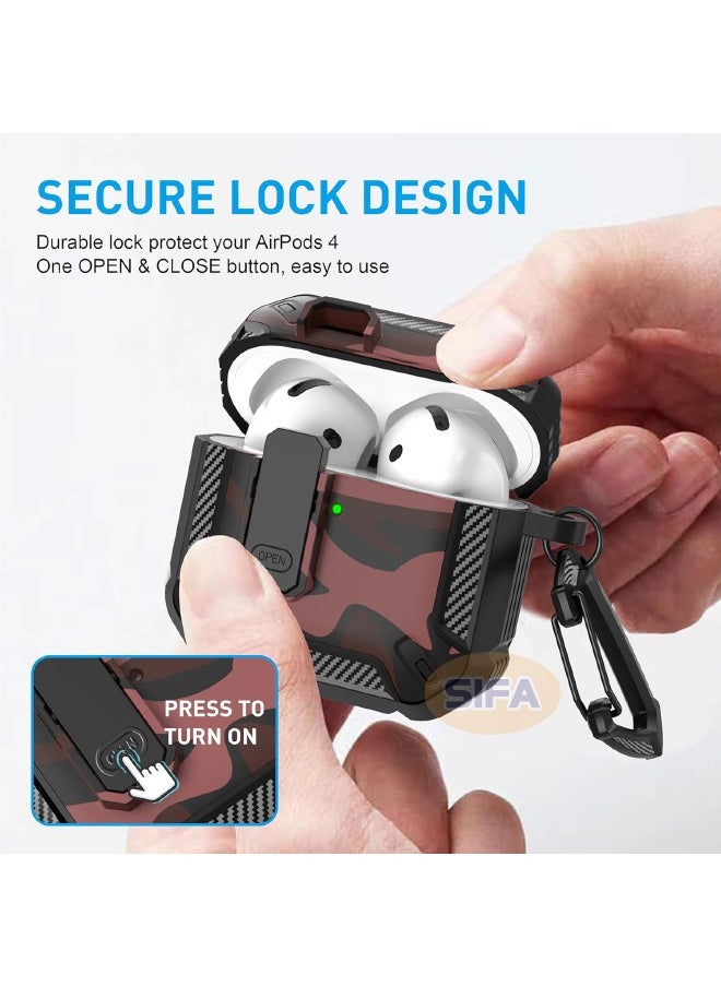 Airpods 4 Case, Airpods 4th Generation Case with Lock, Airpods 4 Generation Case Cover with Cleaner Kit, Hard Shell Rugged Shockproof Cover with Keychain Apple Airpods 4 2024 (Camo Red)