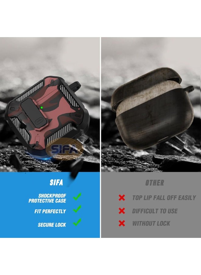 Airpods 4 Case, Airpods 4th Generation Case with Lock, Airpods 4 Generation Case Cover with Cleaner Kit, Hard Shell Rugged Shockproof Cover with Keychain Apple Airpods 4 2024 (Camo Red)