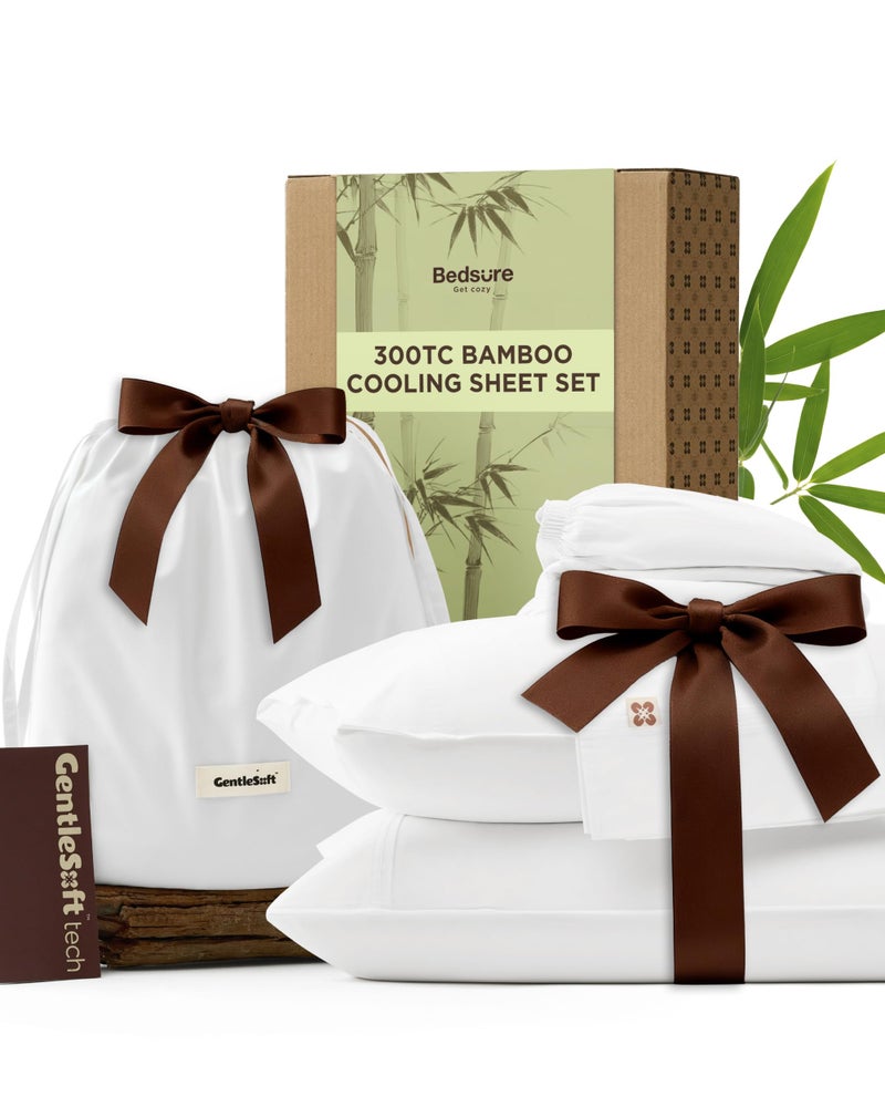 Bedsure Bamboo Viscose Cooling Sheets, Rayon Cotton Blend, Breathable & Buttery Soft Queen Size Bed Set, Deep Pocket Up to 18", Hotel Luxury Bedding for Hot Sleepers, White - Image 1