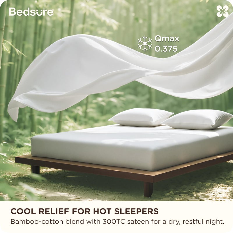 Bedsure Bamboo Viscose Cooling Sheets, Rayon Cotton Blend, Breathable & Buttery Soft Queen Size Bed Set, Deep Pocket Up to 18", Hotel Luxury Bedding for Hot Sleepers, White - Image 2