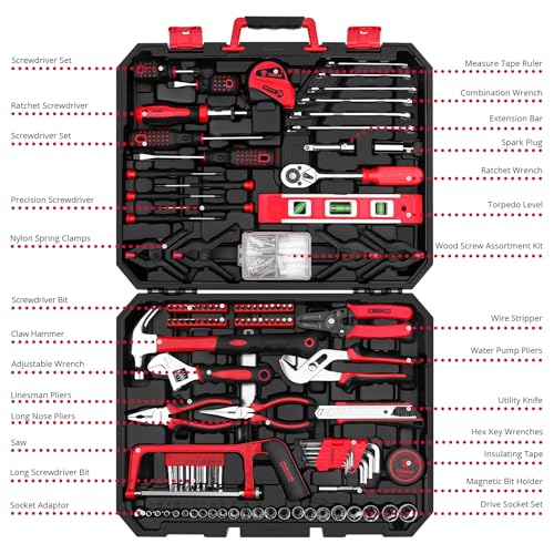 DEKOPRO Tool Set:228 Piece Home Tool Kit, Household Basic Repair Tool Set Comes with Plastic Storage Case, Socket Wrench Set for Car-Red - Image 2