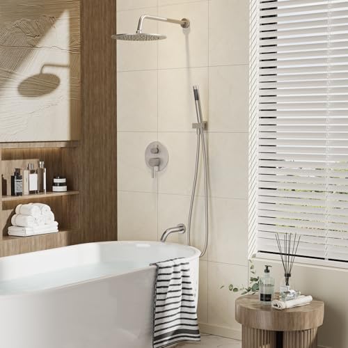 Gabrylly Bathtub Shower Faucet Set, Tub Shower System with 3-Way Shower Valve, High Pressure 10" Rain Shower head with Handheld Spray Combo, Wall Mounted Rainfall Shower Head Set, Brushed Nickel - Image 2