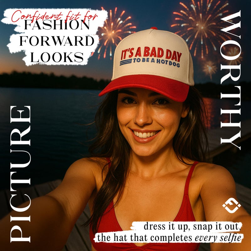 Funky Junque Two Tone Vintage Snapback Hat - It's A Bad Day to Be A Hot Dog - Red/Beige - Image 5
