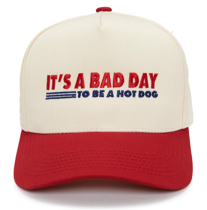 Funky Junque Two Tone Vintage Snapback Hat - It's A Bad Day to Be A Hot Dog - Red/Beige - Image 1