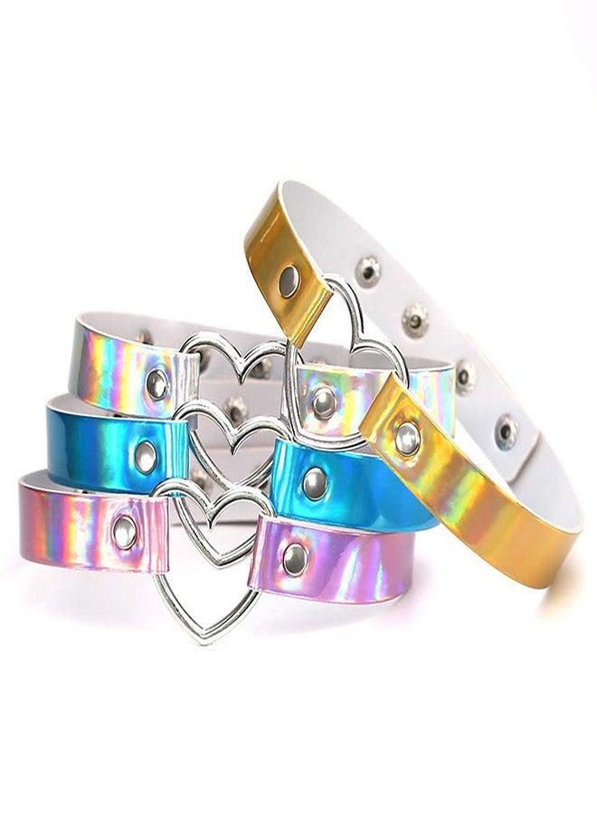 Jurxy 3PCS Heart Choker Necklace PU Leather Goth Choker Collar with Heart Punk Fluorescence Collar Adjustable Size - Blue White Pink - Image 4
