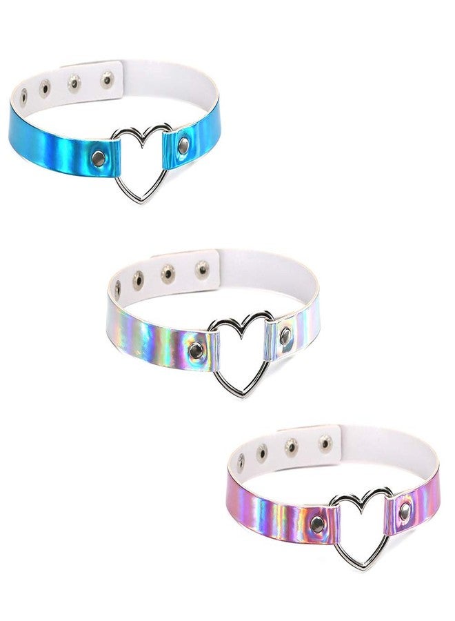 Jurxy 3PCS Heart Choker Necklace PU Leather Goth Choker Collar with Heart Punk Fluorescence Collar Adjustable Size - Blue White Pink - Image 1