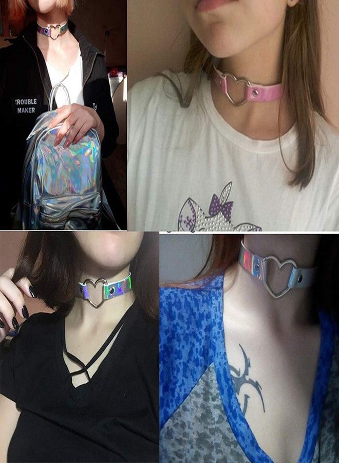 Jurxy 3PCS Heart Choker Necklace PU Leather Goth Choker Collar with Heart Punk Fluorescence Collar Adjustable Size - Blue White Pink - Image 2