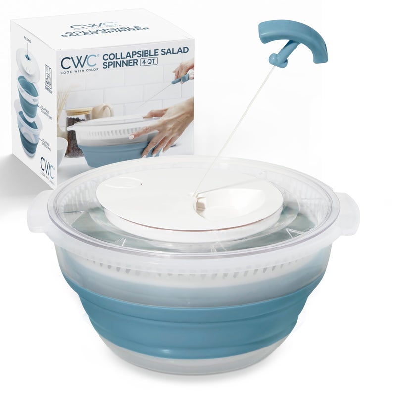 COOK WITH COLOR Collapsible Salad Spinner  4 QT Space Saving Lettuce Dryer with Folding Collapsible Colander Great for Washing and Drying Fruit and Vegetables Blue