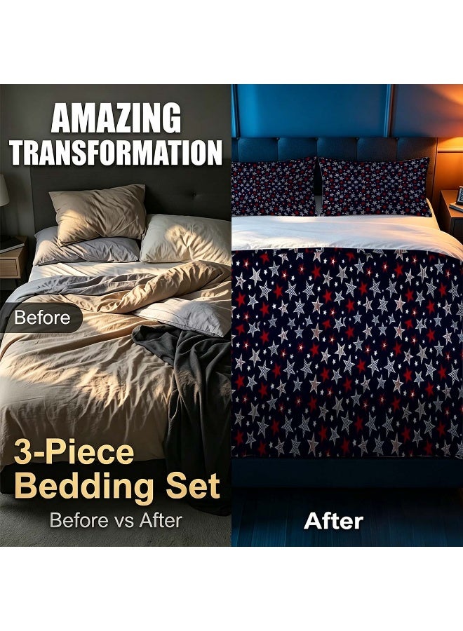 3 Piece Patriotic USA Star Print Microfiber Duvet Cover Set with 2 Pillowcases - Image 3