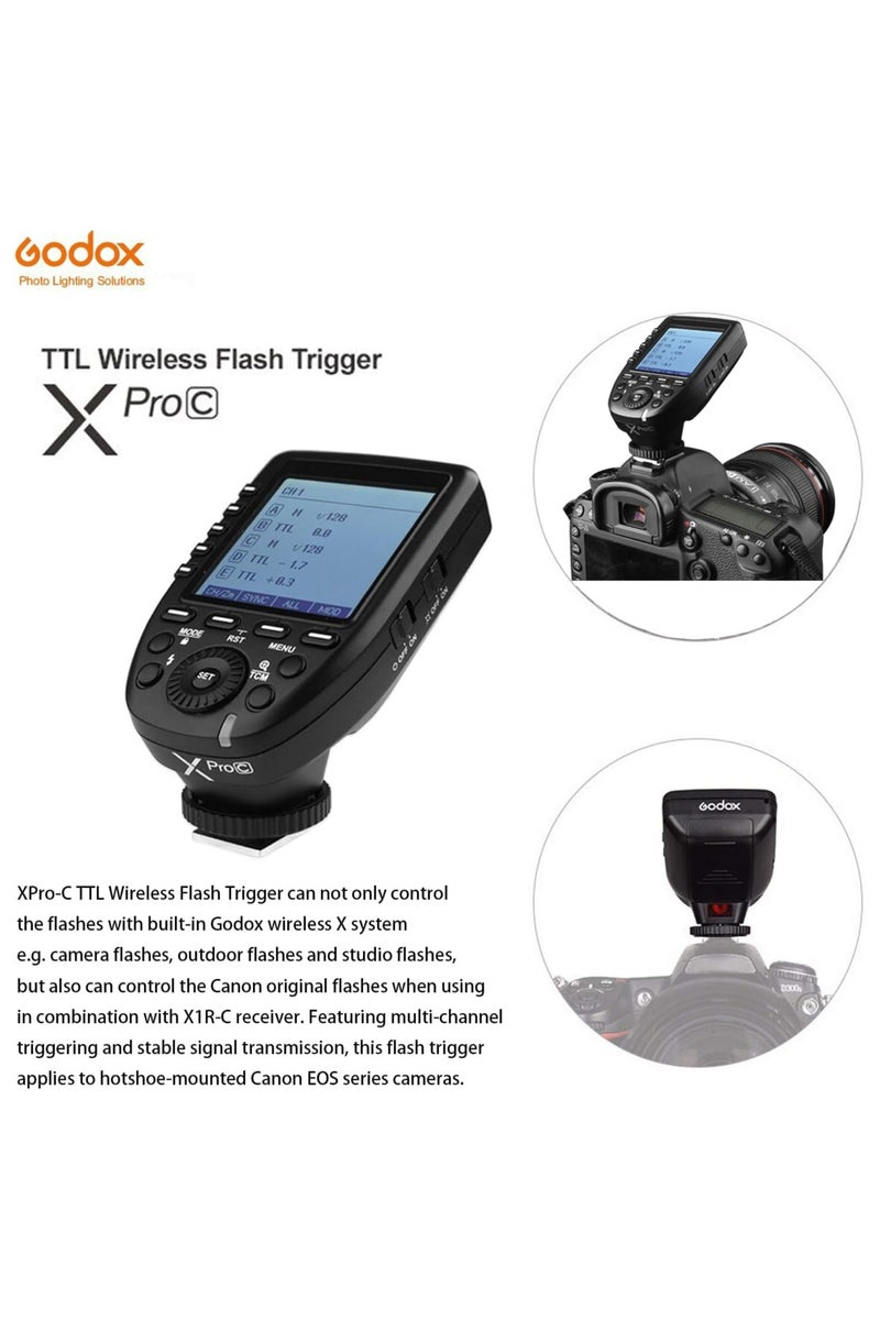 Godox Xpro-C E-TTL High Speed Sync 1/8000s 2.4G Wireless X System Flash Trigger Transmitter Compatible for Canon Cameras, 11 Customizable, 5 Group 4 Function Buttons Offer Convenient Manipulation - Image 2