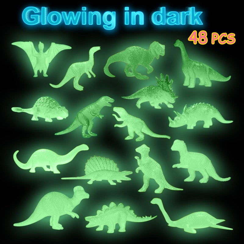 AugToy 48Pcs Glow in Dark Mini Dinosaur Figures Birthday Party Favors Supplies Dino Cupcake Toppers Goodie Bags Stuffers Pinata Filler Classroom Prizes Treasure Toy Class Valentines Day Gifts Kid Boy Girl - Image 2