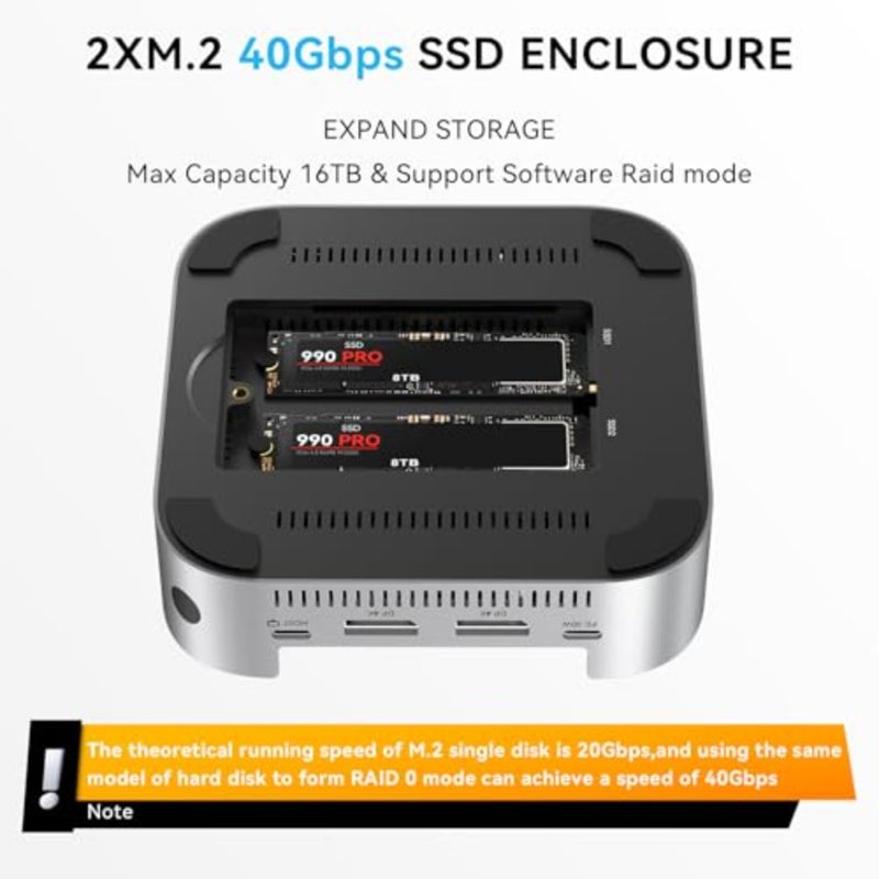 40Gbps Mac mini M4 Dock Stand with Dual-Bay NVMe SSD Enclosure, Aluminum DP Hub for Mac mini M4 and M4 Pro 2024, 4K60Hz DP, 3X10G USB A, PD 30W, SD/TF 4.0, Support Dual SSD B+M M-Key - Image 4