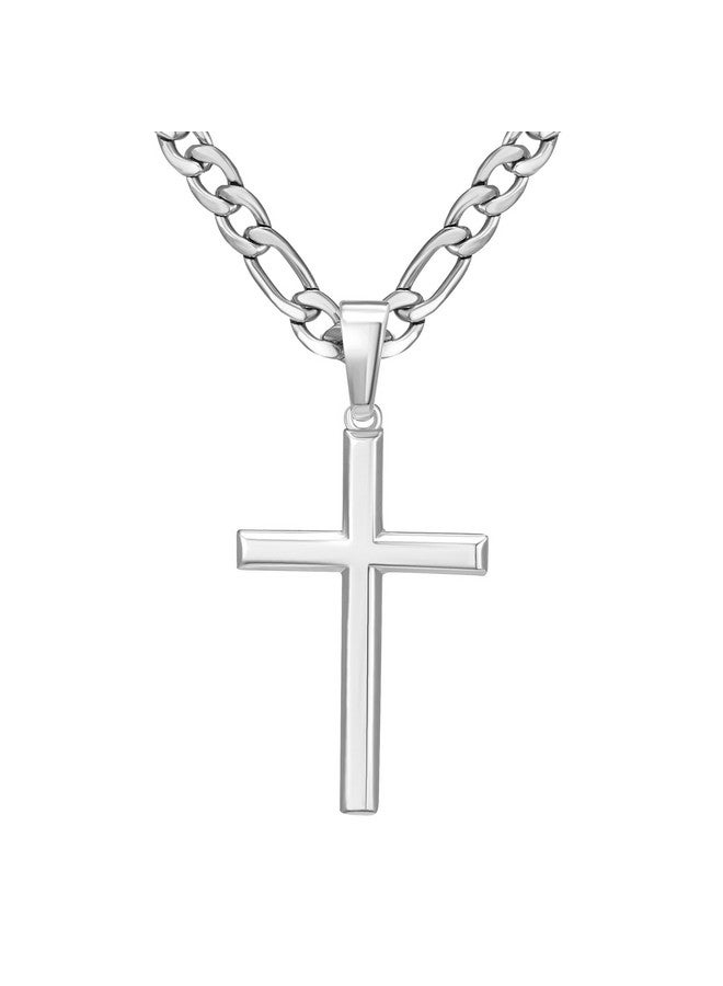 SWEETV 925 Sterling Silver Cross Necklace For Men/Women, Stainless Steel Chain Cross Pendant For Men, Jewelry Box Included, Silver/Figaro Chain,18 Inch - Image 1
