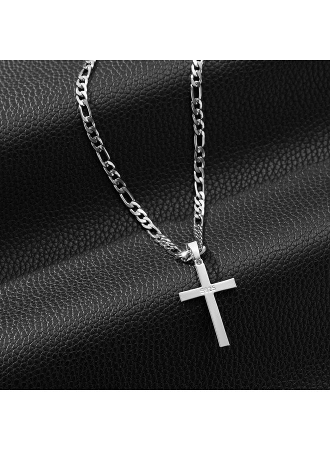 SWEETV 925 Sterling Silver Cross Necklace For Men/Women, Stainless Steel Chain Cross Pendant For Men, Jewelry Box Included, Silver/Figaro Chain,18 Inch - Image 3
