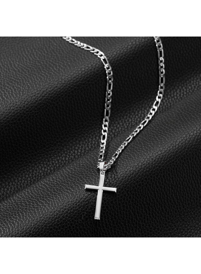 SWEETV 925 Sterling Silver Cross Necklace For Men/Women, Stainless Steel Chain Cross Pendant For Men, Jewelry Box Included, Silver/Figaro Chain,18 Inch - Image 2