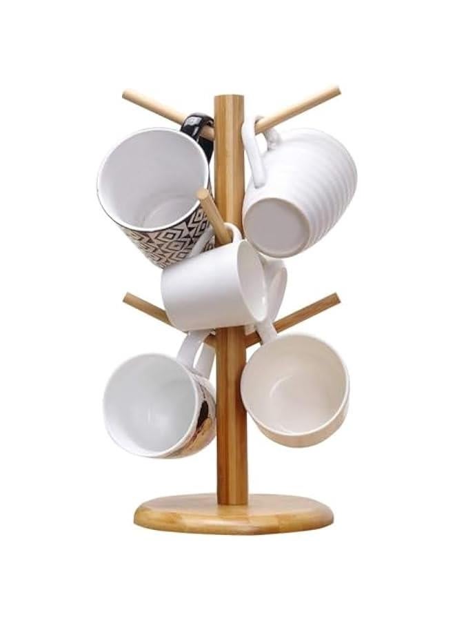 TRASSLE Bamboo Coffee Mug Tree,Mug Rack, Coffee Cup Holder for Countertop, Wooden Coffee Cup Holder Stand, Coffee Mug Holder with 6 Hooks - Image 1