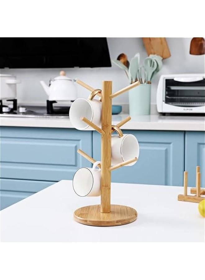 TRASSLE Bamboo Coffee Mug Tree,Mug Rack, Coffee Cup Holder for Countertop, Wooden Coffee Cup Holder Stand, Coffee Mug Holder with 6 Hooks - Image 2