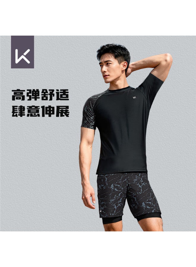Keep Men's Swimwear Set, Anti-embarrassment Double-layer Swim Trunks, Two-piece Professional Equipment, Hot Spring, Green Field Black Two-piece Set - Image 3