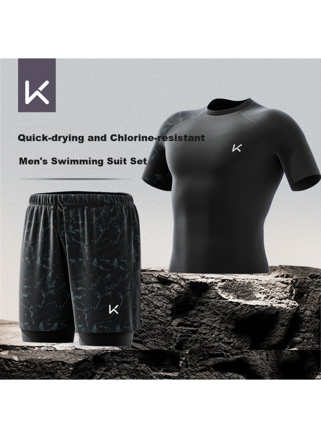 Keep Men's Swimwear Set, Anti-embarrassment Double-layer Swim Trunks, Two-piece Professional Equipment, Hot Spring, Green Field Black Two-piece Set - Image 2