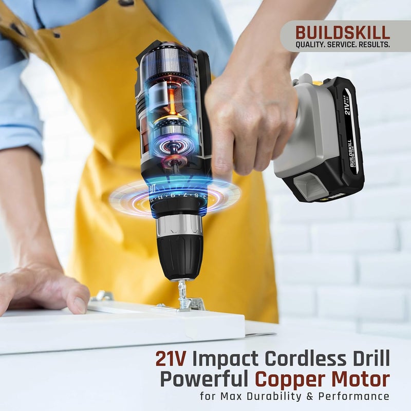 BUILDSKILL BUILDSKILL 21V Cordless Drill Machine for Home Use Impact Drill with 10MM Keyless Chuck 15 Ah Single Battery Charger Variable Speed LED Light Battery Drill Machine 6 Months Warranty  - Image 3