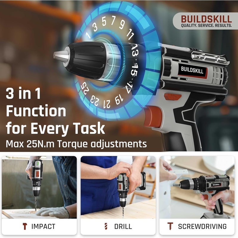 BUILDSKILL BUILDSKILL 21V Cordless Drill Machine for Home Use Impact Drill with 10MM Keyless Chuck 15 Ah Single Battery Charger Variable Speed LED Light Battery Drill Machine 6 Months Warranty  - Image 4