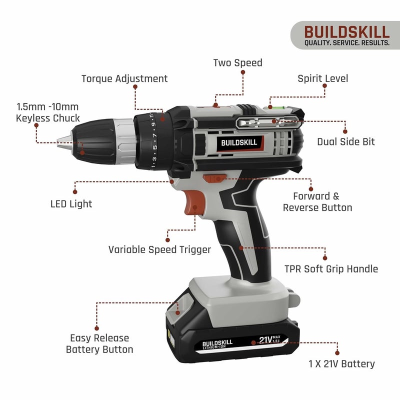 BUILDSKILL BUILDSKILL 21V Cordless Drill Machine for Home Use Impact Drill with 10MM Keyless Chuck 15 Ah Single Battery Charger Variable Speed LED Light Battery Drill Machine 6 Months Warranty  - Image 2