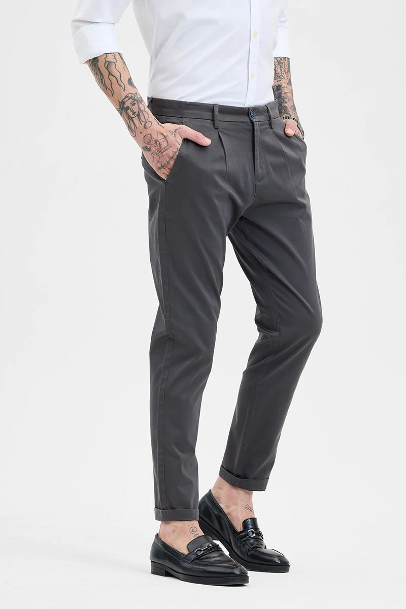 SNITCH Charcoal Grey Solid Slim Fit Formal Trousers