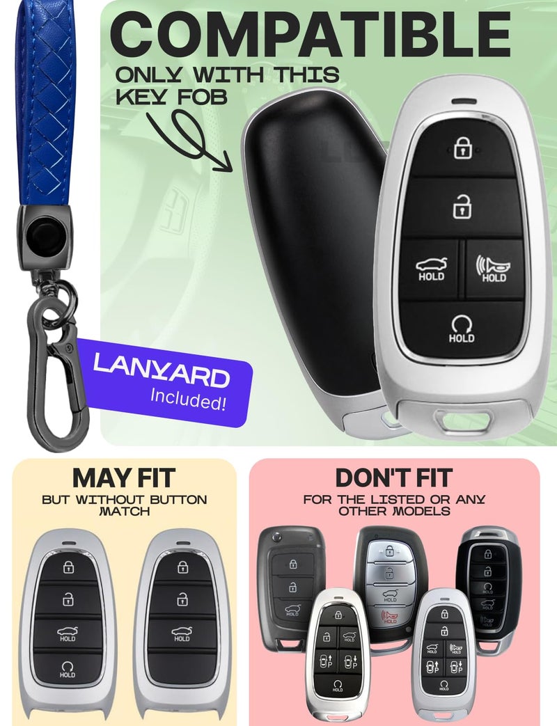 Lucrum Compatible with Hyundai Key Fob Cover & Leather Keychain, Keyfob Case for Santa Fe, Sonata, Tucson, Grandeur, Ioniq 5, Palisade, Nexo - For 5 Button Remote (2019-2025) - Blue and Black - Image 2