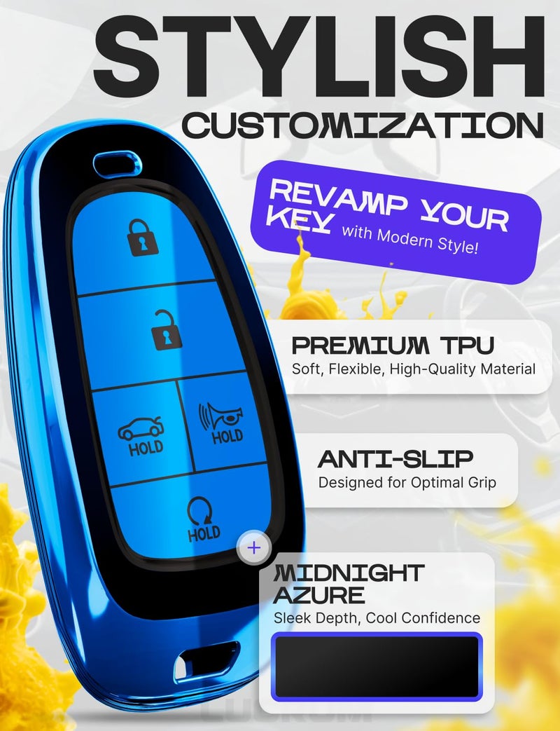 Lucrum Compatible with Hyundai Key Fob Cover & Leather Keychain, Keyfob Case for Santa Fe, Sonata, Tucson, Grandeur, Ioniq 5, Palisade, Nexo - For 5 Button Remote (2019-2025) - Blue and Black - Image 3