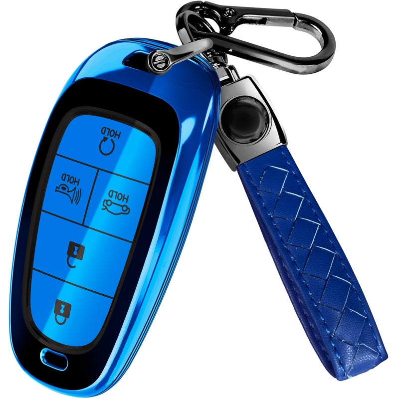 Lucrum Compatible with Hyundai Key Fob Cover & Leather Keychain, Keyfob Case for Santa Fe, Sonata, Tucson, Grandeur, Ioniq 5, Palisade, Nexo - For 5 Button Remote (2019-2025) - Blue and Black - Image 1