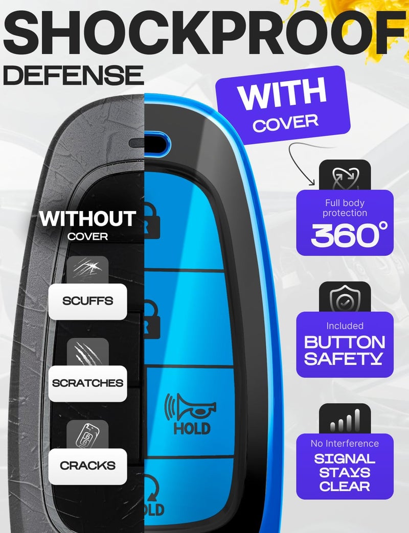 Lucrum Compatible with Hyundai Key Fob Cover & Leather Keychain, Keyfob Case for Santa Fe, Sonata, Tucson, Grandeur, Ioniq 5, Palisade, Nexo - For 5 Button Remote (2019-2025) - Blue and Black - Image 4