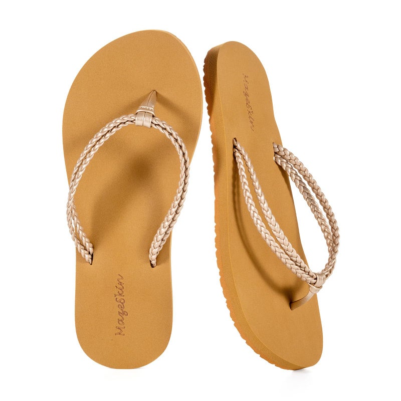 mazeskin Braided Yoga Foam Cushion Flip Flops for Women,Arch Support Comfortable Summer Beach Walking Thong Sandals Non-Slip,Champagne US8 - Image 1