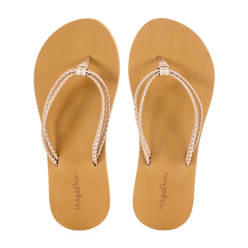 mazeskin Braided Yoga Foam Cushion Flip Flops for Women,Arch Support Comfortable Summer Beach Walking Thong Sandals Non-Slip,Champagne US8 - Image 5