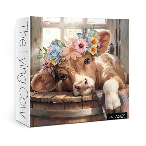 Larkipuzz Cute Highland Cow Puzzles for Adults 1000 Pieces Art Colorful Flower Cattle Animal Jigsaw Puzzle Funny Plant Wildflower Puzzle - Image 1