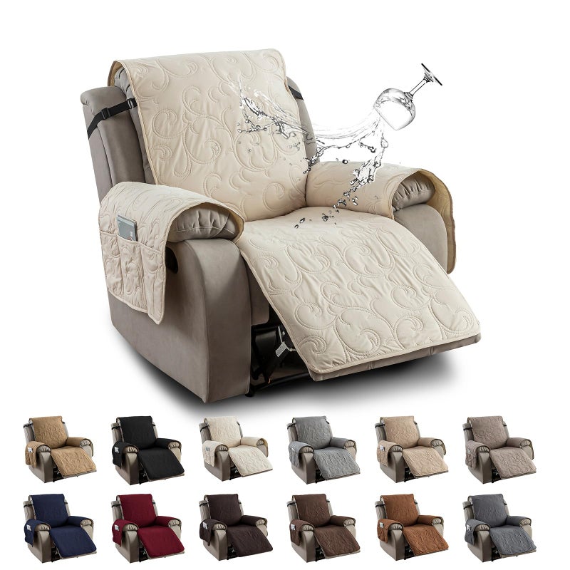 YUEANG 100% Waterproof Recliner Chair Cover, Recliner Chair Covers for Reclining Chair, Non-Slip Fabric Recliner Couch Cover for Living Room, for Pets Kids Protector, Washable (Beige, 30") - Image 1