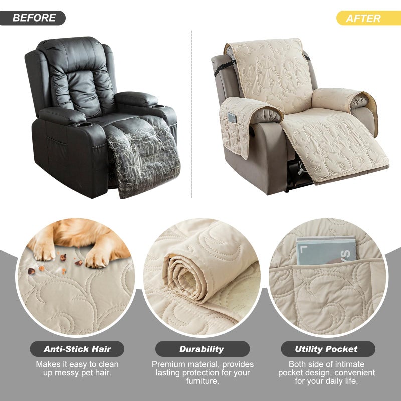 YUEANG 100% Waterproof Recliner Chair Cover, Recliner Chair Covers for Reclining Chair, Non-Slip Fabric Recliner Couch Cover for Living Room, for Pets Kids Protector, Washable (Beige, 30") - Image 5