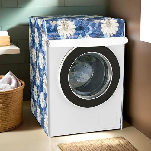 Kuber Industries Polyvinyl Chloride(PVC) Washing Machine Cover,Front Load Washer Covers,Zipper,Ideal For 6 Kg,6.5 Kg,7 Kg & 7.5 Kg,Waterproof & Dust-Proof Machine Cover,White Sunflower,Blue - Image 1