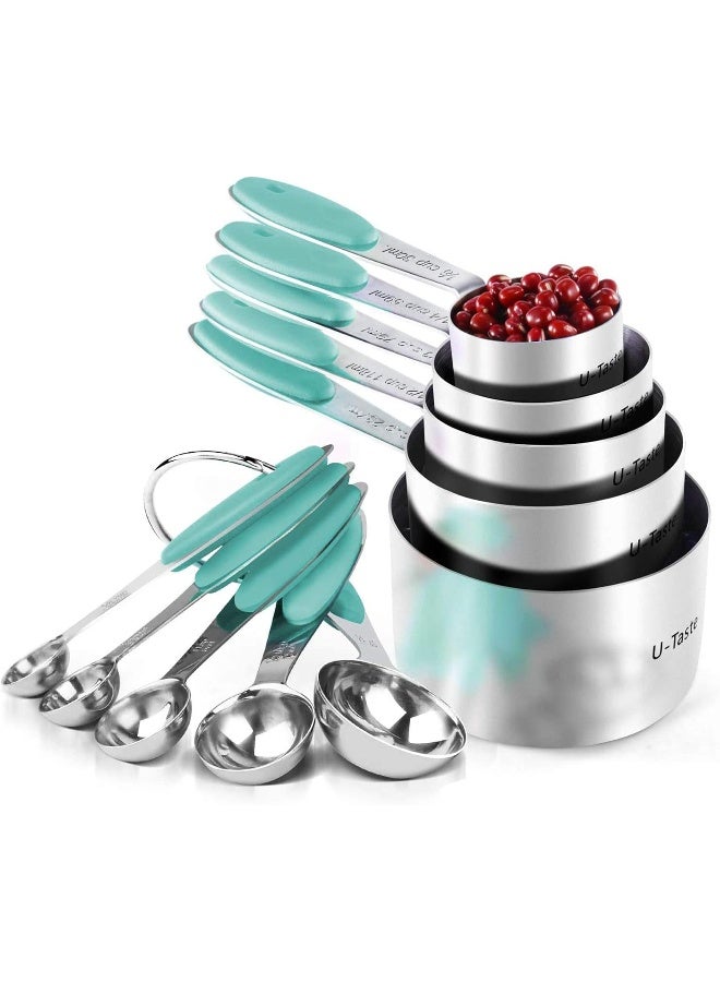 U-Taste Measuring Cups : 18/8 Stainless Steel Measuring Cups and Spoons Set of 10 Piece, Upgraded Thickness Handle(Aqua Sky)  - Image 1